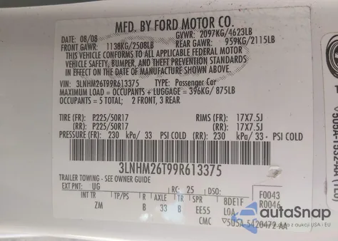 2009 Lincoln Mkz z USA, uszkodzony, nr VIN 3LNHM26T99R613375